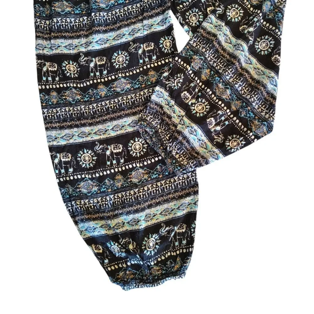 Black Teal White Elephant Floral Block Print Harem Pants XL *Fits like Med